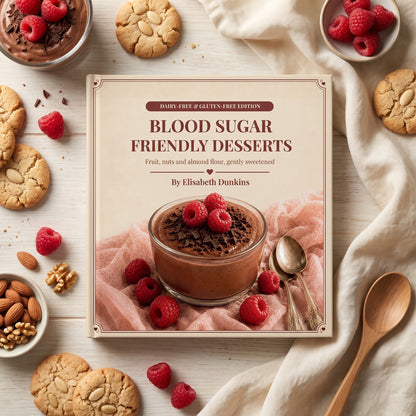 50 Blood Sugar Friendly Desserts Gluten and Dairy-Free Edition seen from above, surrounded by chocolate mousse, raspberries and cookies