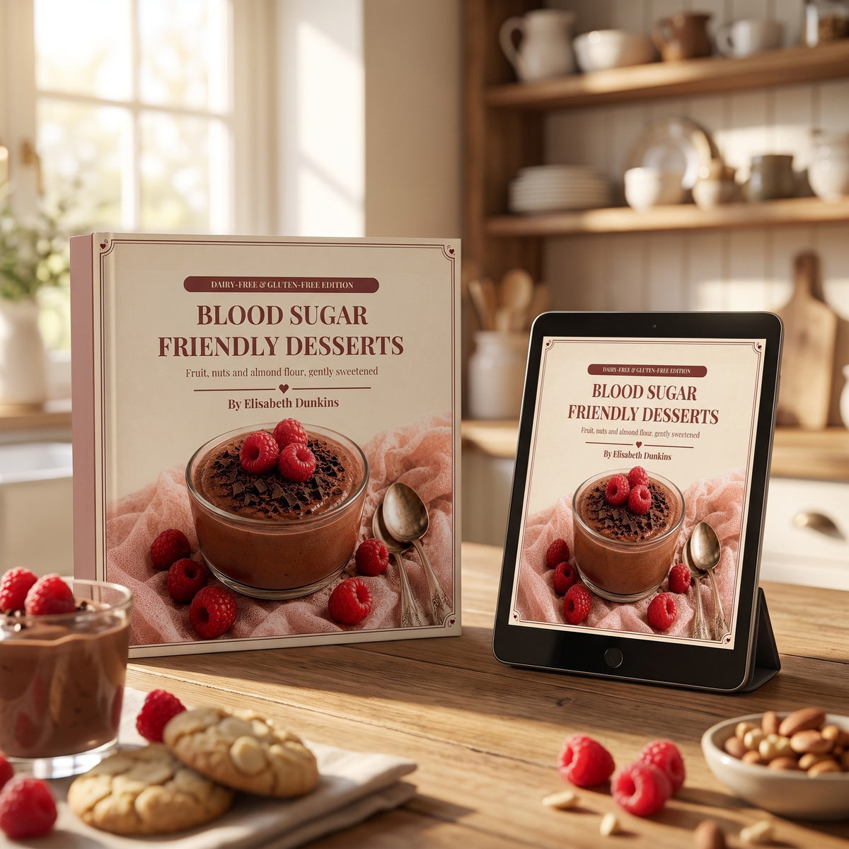 50 Blood Sugar Friendly Desserts Gluten and Dairy-Free Edition hardcover beside the eBook edition on a tablet
