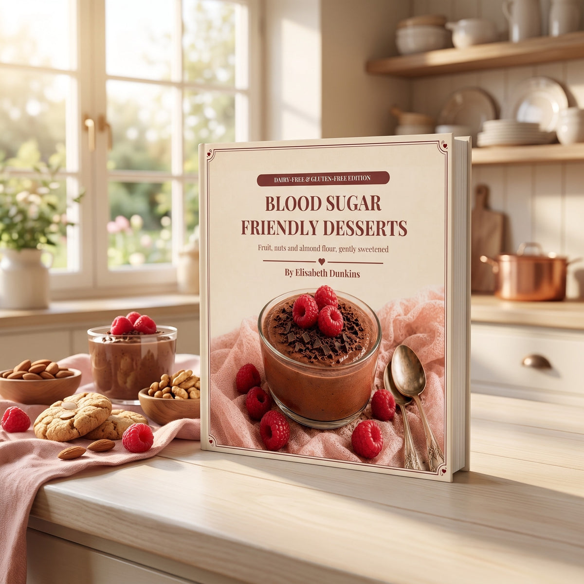 50 Blood Sugar Friendly Desserts Gluten and Dairy-Free Edition hardcover standing on a sunlit kitchen counter