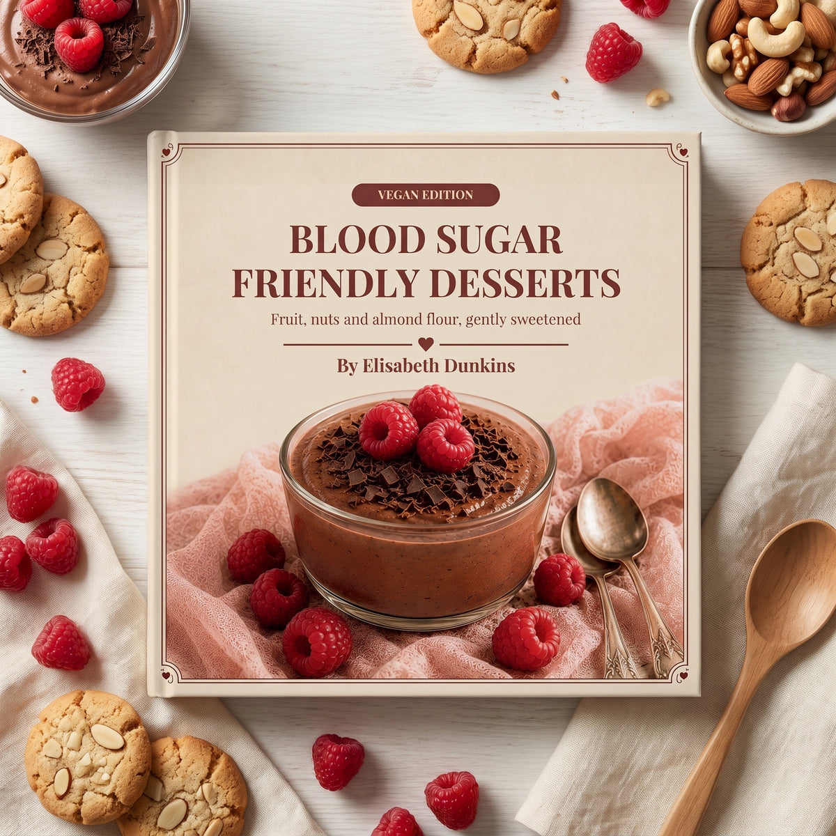 50 Blood Sugar Friendly Desserts Vegan Edition seen from above, surrounded by chocolate mousse, raspberries and almond-flour cookies