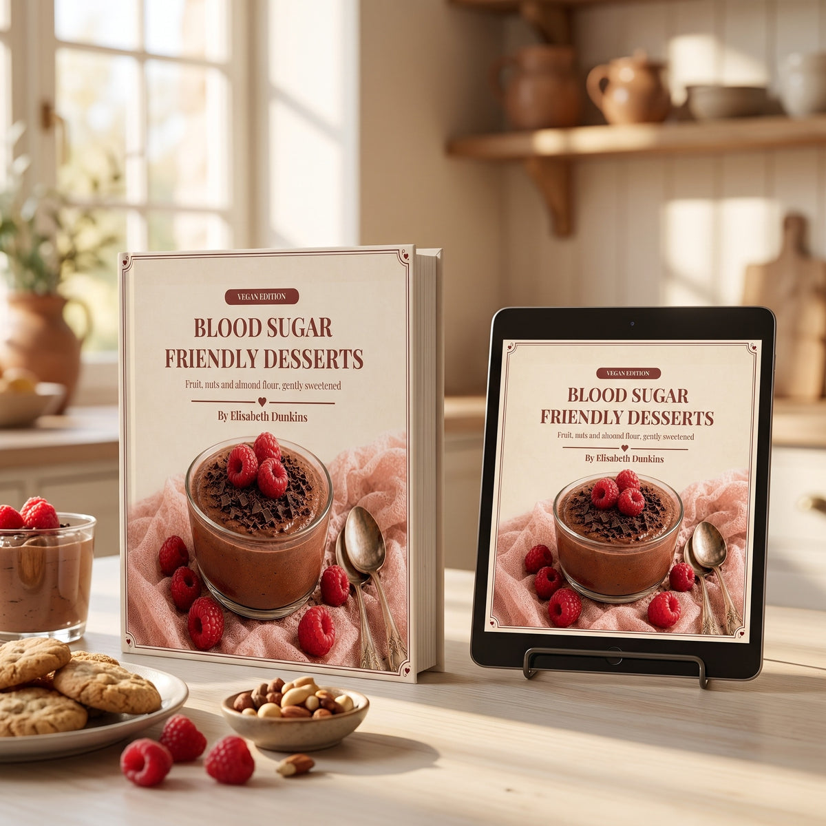 50 Blood Sugar Friendly Desserts Vegan Edition hardcover beside the eBook edition on a tablet