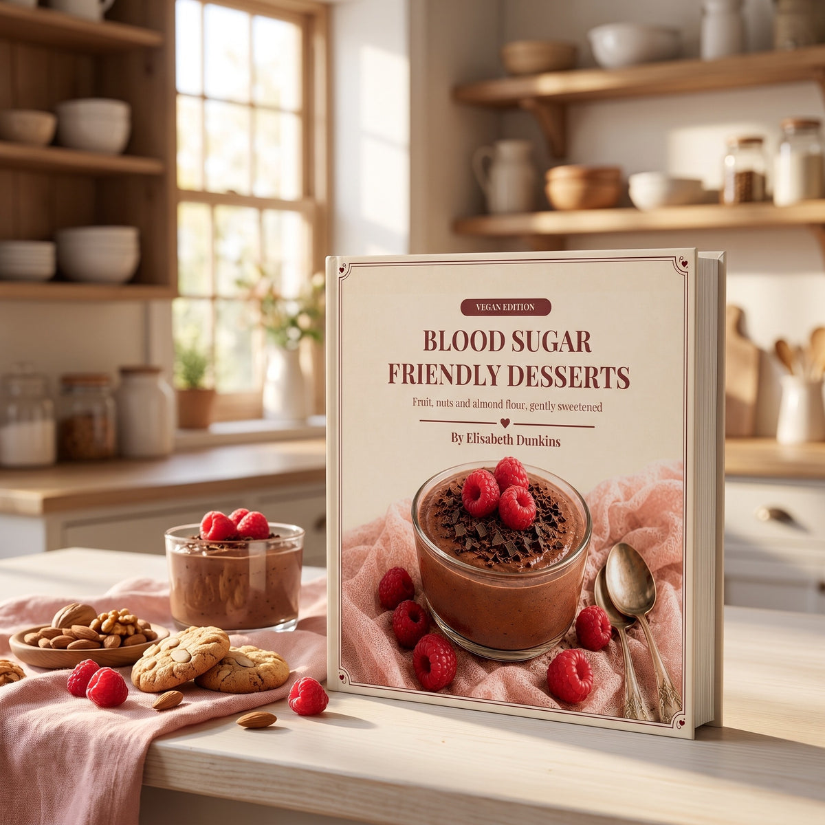 50 Blood Sugar Friendly Desserts Vegan Edition hardcover standing on a sunlit kitchen counter beside raspberries and cookies