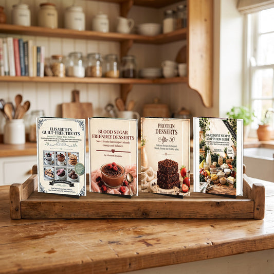 The four books in the Vegan set, standing together on a kitchen counter