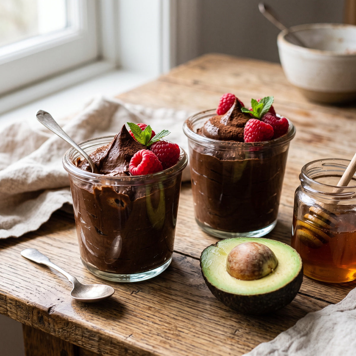 Avocado chocolate mousse in small glasses, naturally sweetened with honey