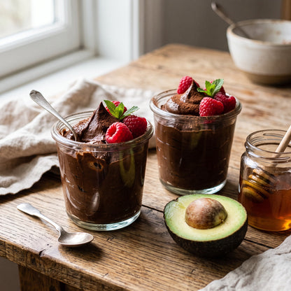 Avocado chocolate mousse in small glasses, naturally sweetened with honey
