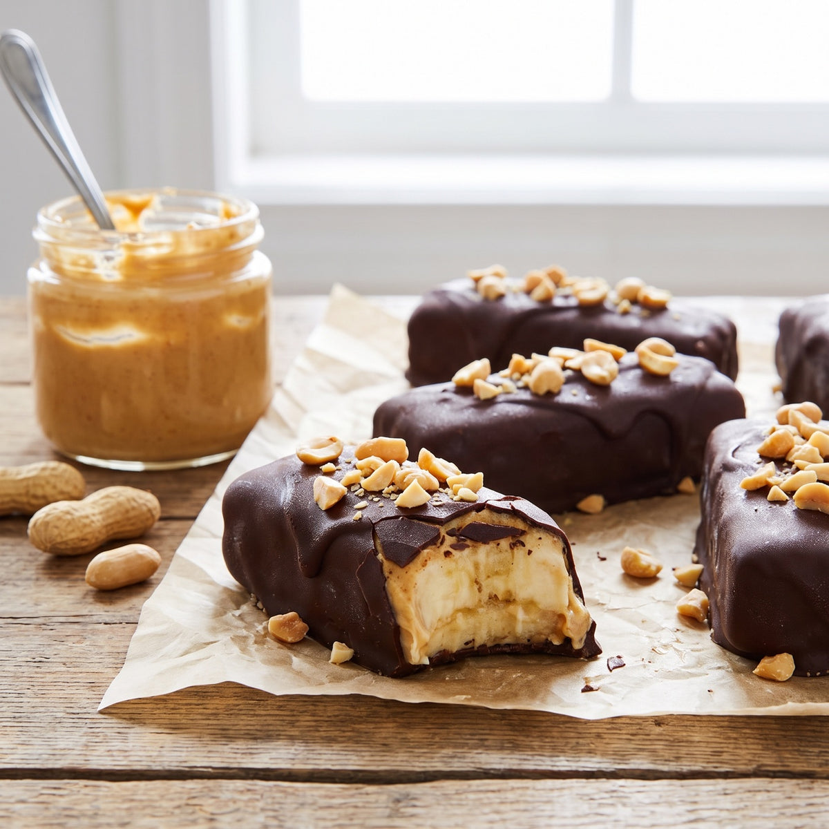 Banana Peanut Butter Snickers bites, frozen banana and peanut butter dipped in a thin chocolate shell