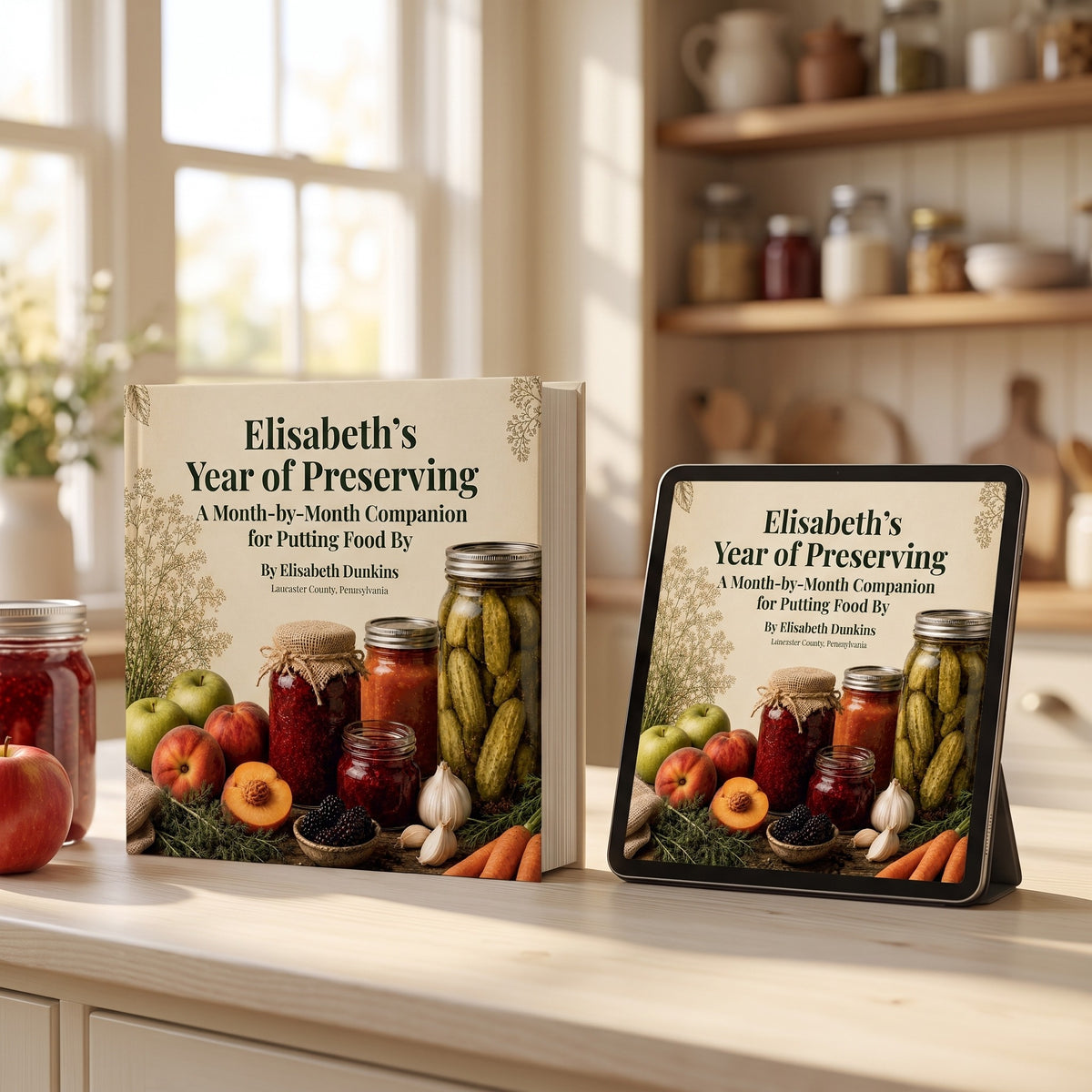 The Preserving Year, Written Down hardcover beside the eBook edition displayed on a tablet