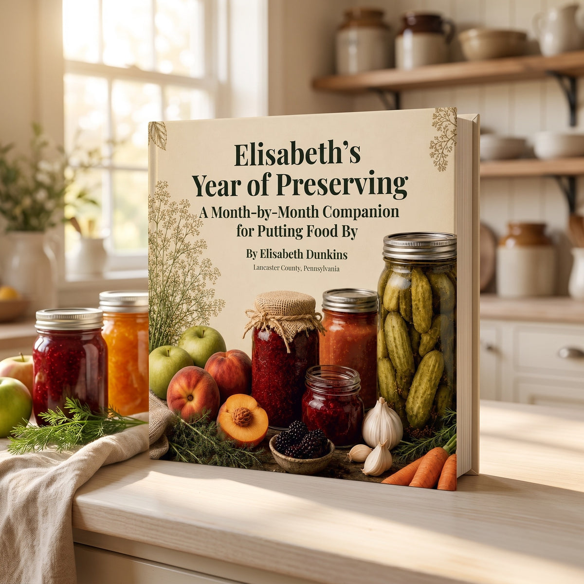 The Preserving Year, Written Down hardcover standing on a sunlit farmhouse kitchen counter beside jars of preserves