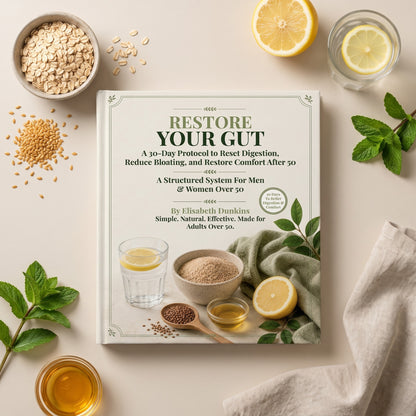 Restore Your Gut Blueprint hardcover seen from above, surrounded by rolled oats, golden flaxseed, lemon, honey and fresh mint on oatmeal linen