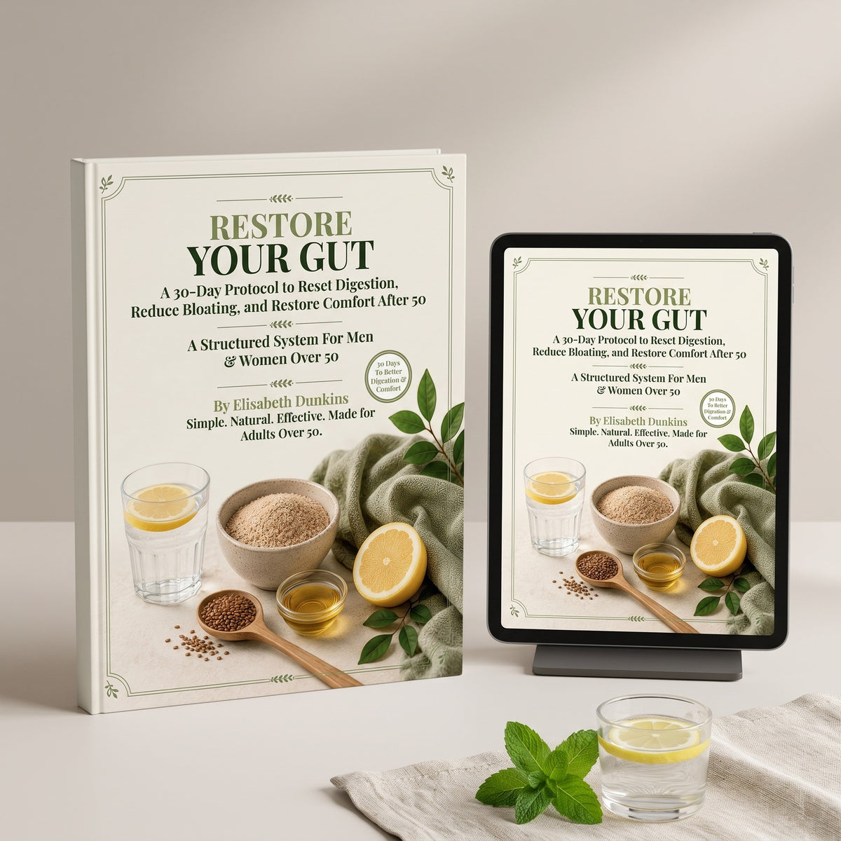 Restore Your Gut Blueprint hardcover beside the eBook edition displayed on a tablet