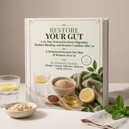 Restore Your Gut Blueprint hardcover standing on a pale surface beside lemon water, a bowl of oats and flaxseed, and fresh mint