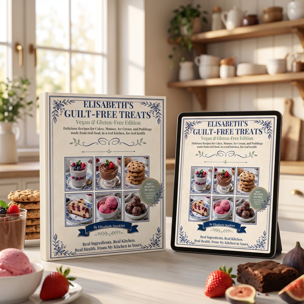 100 Vegan and Gluten-Free Desserts hardcover beside the eBook edition on a tablet