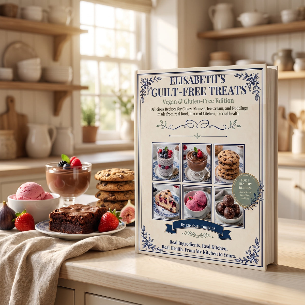 100 Vegan and Gluten-Free Desserts hardcover standing on a sunlit kitchen counter beside vegan desserts