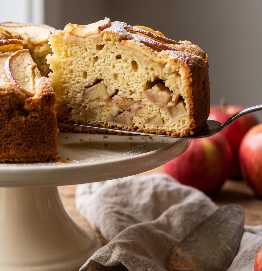 A slice cut from the apple sponge cake