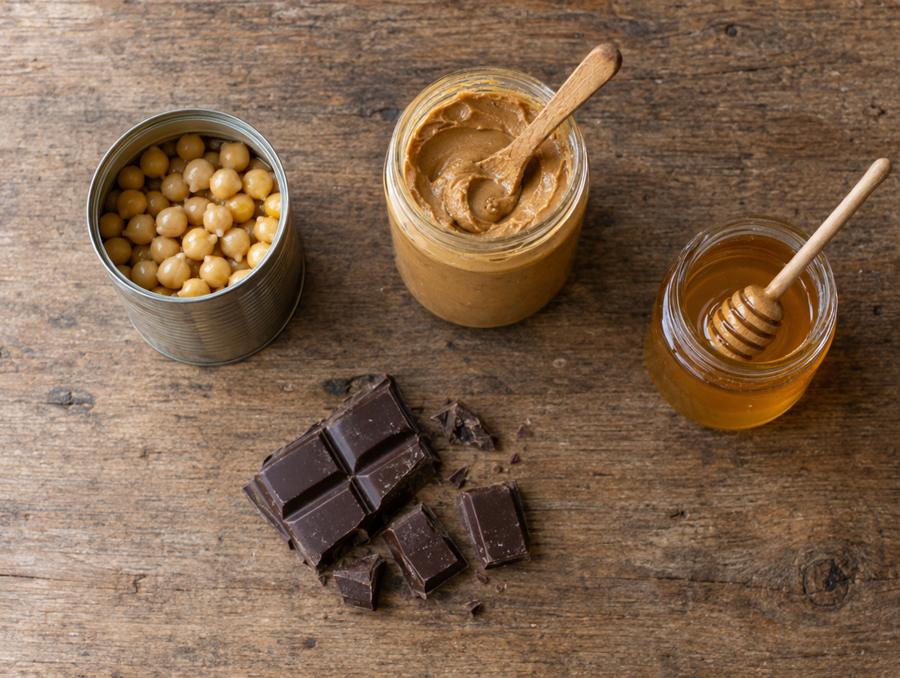 A can of chickpeas, peanut butter, honey and dark chocolate on a wooden table