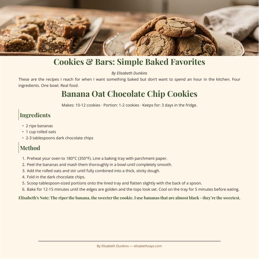 A recipe page: Banana Oat Chocolate Chip Cookies